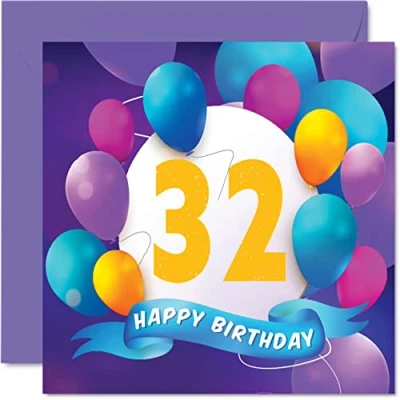 Image of 32nd Birthday Card for Men Women Balloon Party Happy Cards 32 Year Old Man Woman Brother Sister Mum Dad Auntie Uncle Best Friend Cousin, 145mm x Bday Greeting Gift