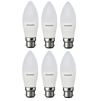 Image of SYLVANIA Quantity 6 LED Light Bulb, Frosted Finish, Candle Shape, B22 Cap, 60W Equivalent Wattage, 806 Lumens, Warm White Colour (2700K), Non Dimmable. for All Rooms and Commercial Applications.