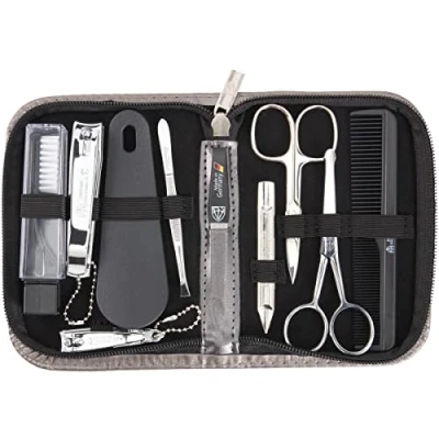 Image of 3 Swords Germany brand quality 10 piece manicure pedicure grooming kit set for professional finger &amp; toe nail care scissors clipper fashion leather case in gift box, Made by (1467)