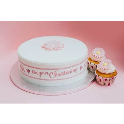 Image of Top That Edible Decor Sheet Christening Baby Girl Pink Border Ribbon Perfect for Decorating Larger Cakes Easy to Use