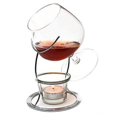 Image of CKB LTD Brandy &amp; Cognac Snifter Warmer Glass Stand Premium Drinking Gift Set with Tea Light Candle Metal Holder (Chrome)