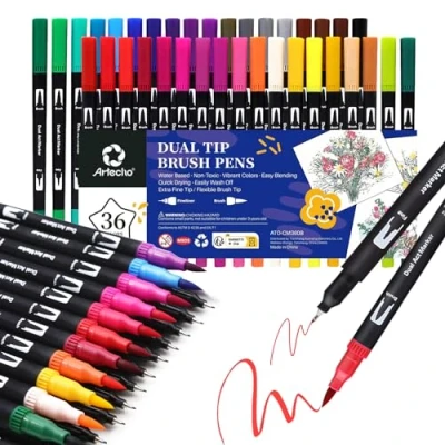 Image of Artecho 36 Dual tip brush Pens，Colouring pens for Adult，Colouring Books，Calligraphy，Drawing，Sketching, nylon Artists，Beginners