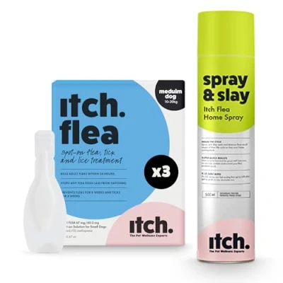 Image of Itch l Flea &amp; Tick Treatment for Medium Dogs 10kg 20kg Household Spray Kills Fleas, Lice, Ticks, Eggs and Larvae Odourless 500ml Pack of 3 Pipettes
