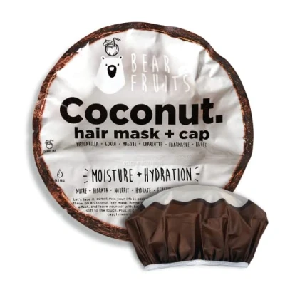Image of Bear Fruits Coconut Hair Mask &amp; Reusable Shower Cap, Stocking Filler, Secret Santa Gift for Women, Dry, Damaged Hair, 20ml, Gifts Women/Teens