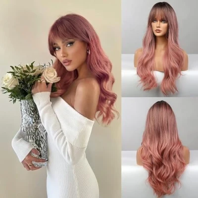 Image of Honygebia Pink Wig with Fringe Long Wavy Ombre Wigs for Women, Synthetic Heat Resistant Natural Looking Hair Best Halloween/Fancy Dress/Cosplay/Party