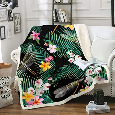 Image of Loussiesd Dragonfly Fleece Blanket Blossom Floral Flowers Sherpa for Chair Sofa Couch Tropical Palm Leaf Fuzzy Insects Animal Pattern Plush Throw Room Decor Single 50&quot;x60&quot;