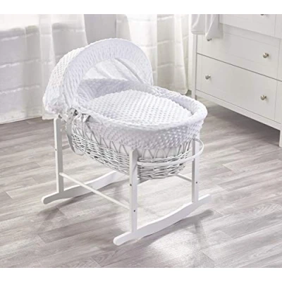 Image of ELEGANT BABY White Dimple Wicker Moses Basket with Chester Rocking Stand, Adjustable Hood, Fibre Mattress &amp; Padded Liner