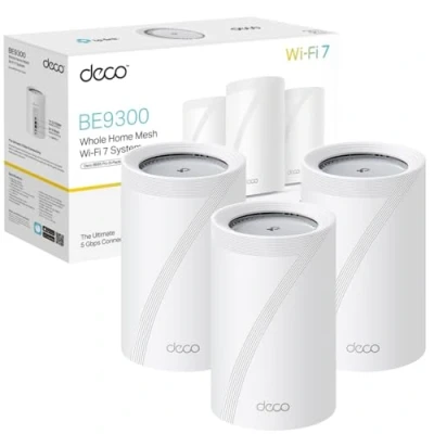 Image of TP Link Deco BE9300(3 pack) BE9300Mbps Whole Home Mesh WiFi 7 System, High Coverage Tri Band Booster with 4x 2.5 Gbps Ports, 4K QAM 320 MHz Bandwidth, Works Amazon Alexa &amp; Google, Homeshield