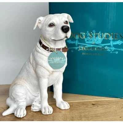 Image of Animal Crackers White sitting Staffordshire Bull Terrier Staffy ornament 18cm high, Leonardo Dog studies range, gift boxed