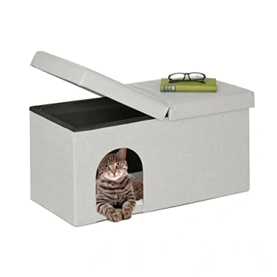 Image of Relaxdays Bench Seat with Cat Cave, Folding, Indoor Pet Hideaway, Ottoman Lid, HWD: 38.5 x 74.5 37 cm, Beige, Fibreboard