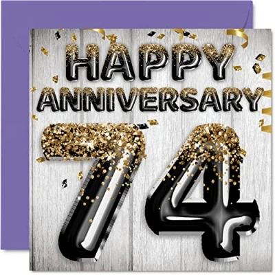 Image of Awesome 74th Anniversary Card for Husband Boyfriend Wife Girlfriend Black Gold Glitter Balloon Happy 74 Cards from Family, 145mm x Greeting Seventy Fourth Anniversaries