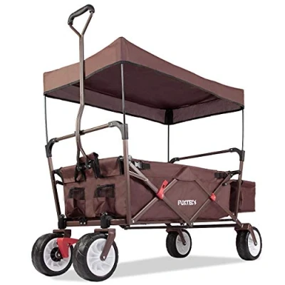 Image of FUXTEC Folding Wagon Stroller, Hand Cart, Garden Trolley, Festival Wagon, Outdoor, Beach &amp; Loose Ground, Removable Canopy, Pull Handle, 4 Wheels, Rear Bag CT350 Brown