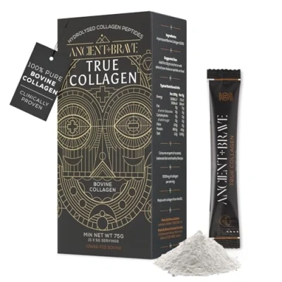 Image of Ancient + Brave True Collagen Sachets 15 x 5 Grams Grass Fed Bovine Powder 100% Hydrolyzed Peptides High Protein Beauty for Women Halal &amp; Kosher Certified