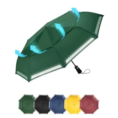 Image of Chakipee Umbrella Windproof Strong Compact Travel Green Pocket Automatic Reflective Safety Strip Folding Outdoor for Rain Inverted Umbrellas Men and Women 8 Ribs Double Canopy Portable