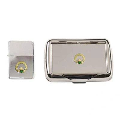 Image of Irish Claddagh Polished Chrome Tobacco tin and stormproof Petrol Lighter