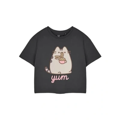 Image of Pusheen Yum Noodles Womens Charcoal Cropped T Shirt Graphic Tee Short Sleeve Top Cute Cat Cartoon Apparel Comfortable Casual Wear Print for Women