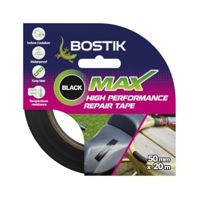 Image of Bostik Max Repair Tape Black Ultra Strong Waterproof Duct Maximum Bond Strength Heat, Water &amp; UV Resistant Indoor Outdoor Use 50mm x 20m Roll