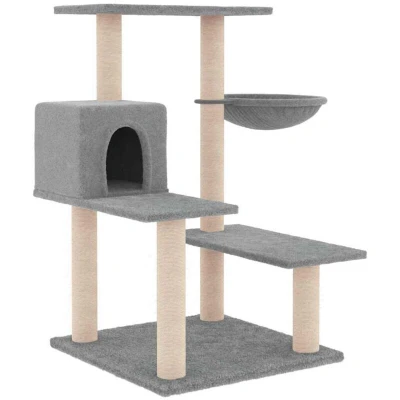 Image of &#039;vidaXL Light Grey Cat Tree with House, Basket and Platforms, Plush Material Versatile Furniture Natural Sisal Scratch Resistant Posts&#039;