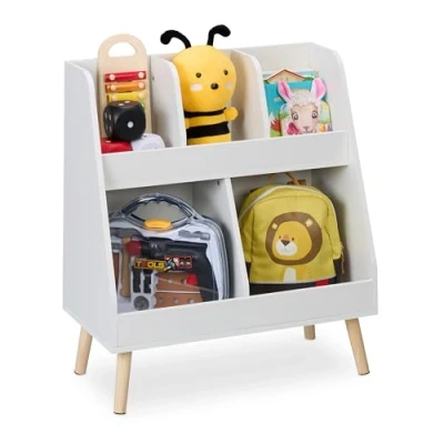 Image of Relaxdays Children&#039;s Bookshelf, HxWxD: 66 x 60 30 cm, 5 Compartments, MDF, Wooden Legs, Kids Bookcase, White/Natural, Felt, Fibreboard, Wood
