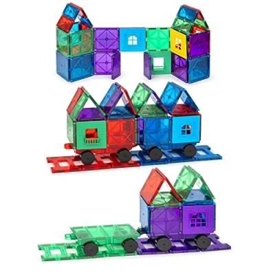 Image of Playmags 50 Pcs Magnetic Building Tiles Set For Kids with 4 Cars Stronger 3D Blocks &amp; STEM Toys Develop