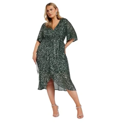 Image of Yours London Curve Sequin Wrap Dress Women&#039;s Plus Size Green