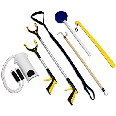 Image of RMS 7 Piece Hip Knee Replacement Kit with Leg Lifter, 19 and 32 inch Rotating Reacher Grabber, Long Handle Shoe Horn, Sock Aid, Dressing Stick, Bath Sponge Ideal for or Back Surgery Recovery