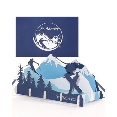 Image of St Moritz greeting card, 3D card as a souvenir, birthday travel voucher and invitation for ski holiday in Switzerland pop up snowboard