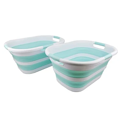 Image of SAMMART 40L Collapsible Plastic Laundry Basket Foldable Pop Up Storage Container/Organizer Portable Washing Tub Space Saving Hamper/Basket (White/Lake Green (Set of 2))