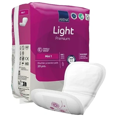 Image of Abena Light Incontinence Pads, Eco Labelled Women&#039;s Pads for Adults, Breathable &amp; Comfortable with Fast Absorption and Protection, Women, Mini 1, 180 ml, 20PK