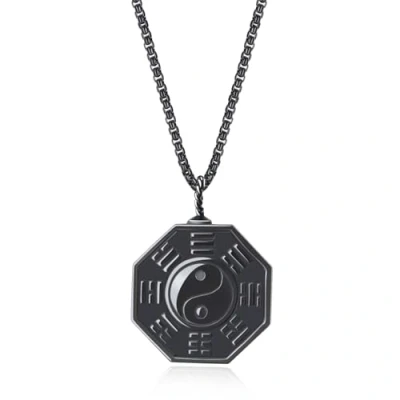 Image of COAI Men&#039;s Black Stone Necklace Eight Diagrams Yin Yang Obsidian for Men, Stainless Steel