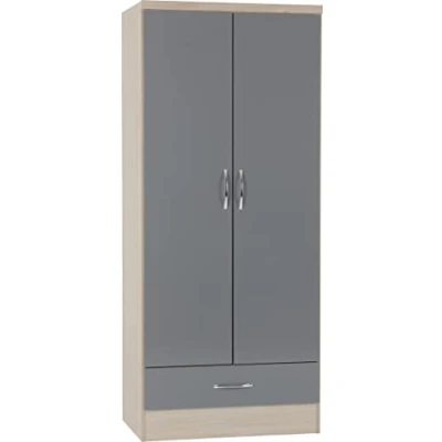 Image of Seconique Nevada 2 Door 1 Drawer Wardrobe in Grey Gloss/Light Oak Effect Veneer