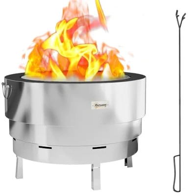 Image of Outsunny Round Fire Pit with Grill Net, Stainless Steel Firepit Silver