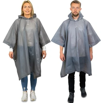 Image of 2 Pack of Rain Poncho Waterproof Adult Raincoats Coats for Men or Ladies Raincoat Reusable Festival Accessories Ponchos Adults Coat (Grey)
