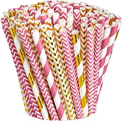 Image of Comfy Package Paper Drinking Straws 100% Biodegradable Multi Pattern Party [200 Pack] Pink &amp; Rose Gold