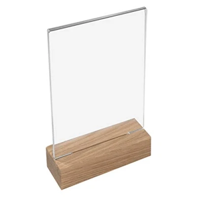 Image of HMF 46940 Acrylic Menu Holder with Wooden Foot DIN A6 Portrait Format Transparent