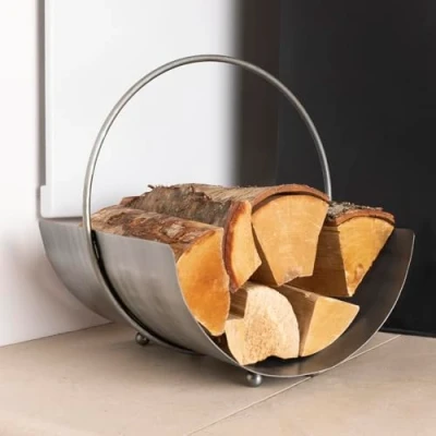 Image of Charles Bentley Snug Juniper Log Holder Circular Iron Silver Nickel Antique Ball Feet Modern Compact