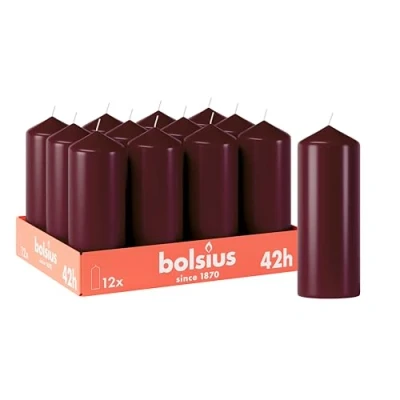 Image of Bolsius Smooth Pillar Candles Burgundy Pack of 12 15 x 6 cm Decorative Household Burning Time 42 Hours Unscented Contains Natural Plant Wax Without Palm Oil