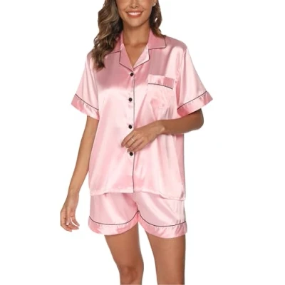Image of Reliwel Silk Pyjamas for Women Short Sleeve two Piece Satin Pyjama Set Women&#039;s Nightwear Button Down Soft Ladies Sleepwear Loungewear S XXL Pink