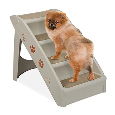 Image of Relaxdays Dog Stairs, 4 Steps, Pets Access Ramp, Climbing Aid Bed, Sofa &amp; Car, Max. 100 kg, 49x39x61 cm, Grey, PP, felt, Gray, Pack of 1
