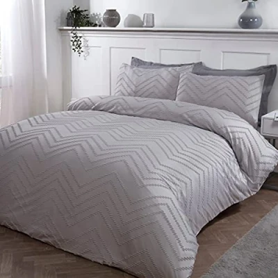 Image of Sleepdown Tufted Wave Stripe Nordic Geo Grey Soft Cosy Easy Care Luxury Duvet Cover Quilt Bedding Set with Pillowcases Super King (260cm x 220cm)