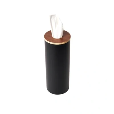 Image of Yamazaki 5981 RIN Round Tissue Case L, black, Steel/Wood/Silicone, Minimalist, 9.2 x 23.8 cm