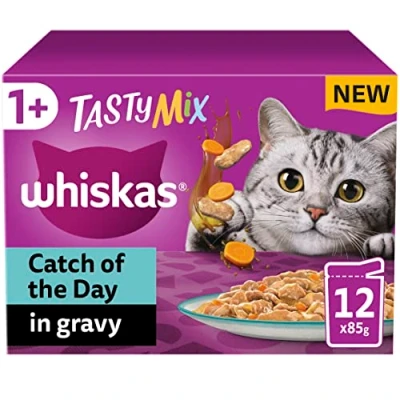 Image of Whiskas Tasty Mix 1+ Cat of the Day in Gravy Adult Food 12 Pouches 85g, Pack 4
