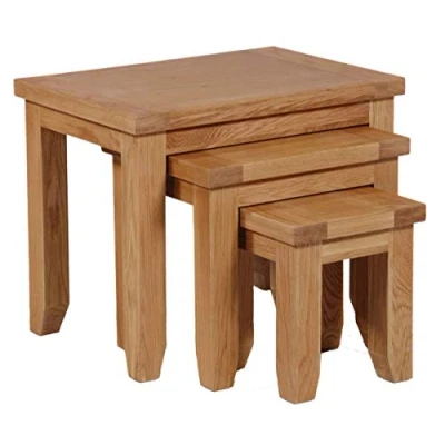 Image of Hallowood Furniture Cotswold Oak 3 Nest of Tables in Medium Oak, Solid Wooden Side Table, Multifunctional Coffee Bedside Lamp Nesting for Living Room and Hallway