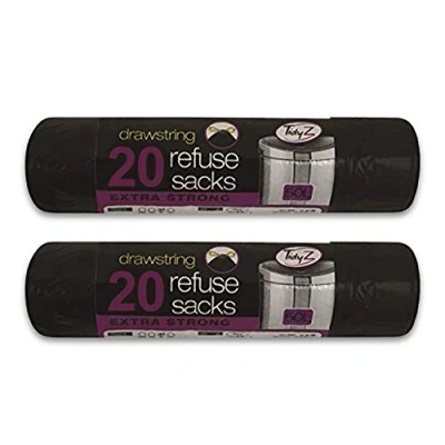 Image of Tidyz Drawstring 20 Bin Liners Extra Strong Refuse Sacks 50L, Packs Of 2 (Black)