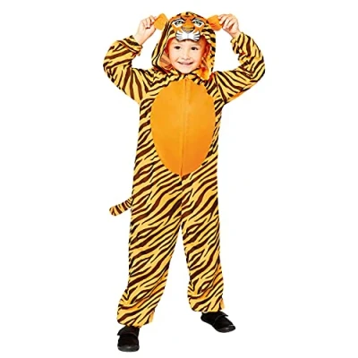Image of amscan 9908793 Kids Tiger Print Hooded Onesie World Book Day Fancy Dress Costume Age: 8 10 Yrs