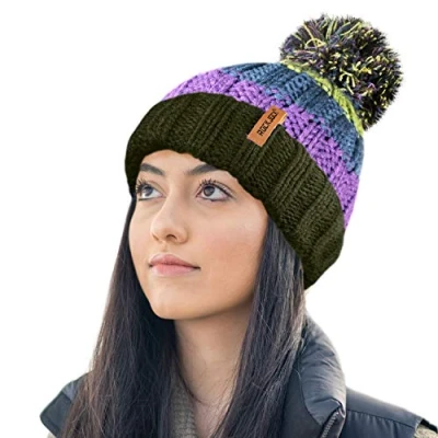 Image of RockJock R80 Thermal Insulating Striped Beanie Bobble Hat with Cosy Fleece Lining Purple/Green