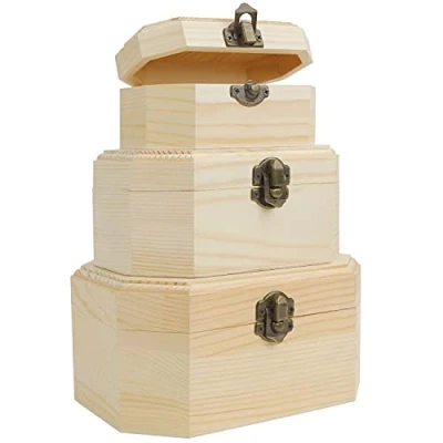 Image of BELLE VOUS 3 Pack Wood Treasure Chest Small, Medium &amp; Large Plain Unfinished Wooden Storage Case with Clasp Hinged Lid Crafts, Art, Hobbies, Projects, Jewellery Box Home Keepsake