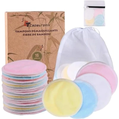 Image of Reusable Makeup Remover Pads Bamboo Fiber Organic Cotton Face Rounds Eyes Make Up Zero Waste Washable for All Skin Types 1 Laundry Bag+1 Storage Bag 16 Pcs