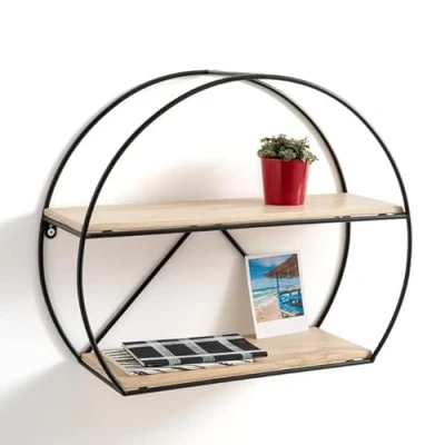 Image of HOMION Floating Circle Shelves Metal &amp; Wood Decorative Half Round Wall Storage Modern Mounted Multi Display Shelf Fixings Included (2 Tier)