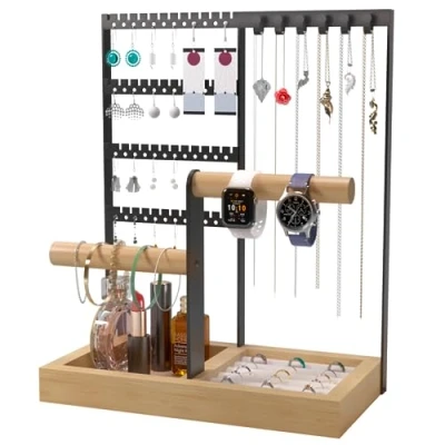 Image of Benxdara Jewellery Stand Organiser, 4 Tier Necklace Holder Display with Organizer &amp; Earring Holes, Wooden Ring Tray for Bracelets Watches Earrings Rings, Black